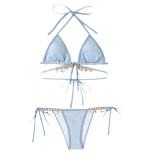 泳衣女人鱼钻链欧美纯欲风绑带三角比基尼三点式ins 性感度假泳装