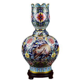 70年代老货景泰蓝花瓶15寸吉兽纹铜胎掐丝珐琅彩摆件中式家装饰品