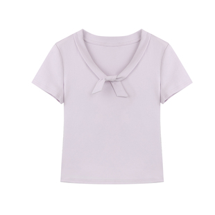 JeJuna炸鸡欧尼 赫本早晨 96棉2色纽结赫本领正肩T恤针织衫短袖女