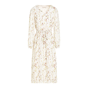 JESSIE26年秋季新款仿真丝雪纺印花连衣裙收腰荷叶边都市新田园风