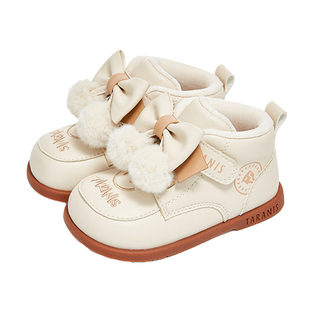 泰兰尼斯2024冬季新款女童白色小皮鞋宝宝加绒保暖短靴女孩公主鞋