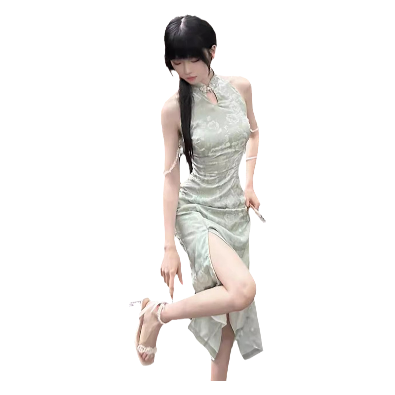 新中式气质挂脖辣妹开叉改良露肩无袖改良旗袍女夏季新款收腰显瘦