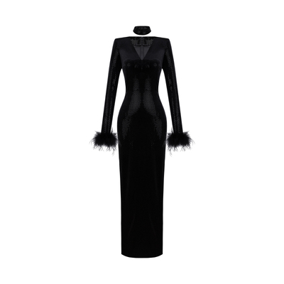 XULU原创进口丝绒烫珠片包臀裙黑色修身性感长袖口羽毛V领连衣裙