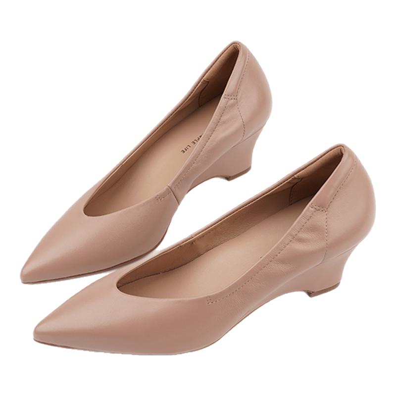 壹家shoes060002款6公分软羊皮女单鞋坡跟v口复古尖头瘦脚防磨脚