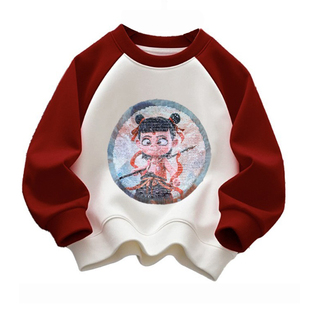 哪吒衣服儿童变图案卫衣加绒男童翻转变色亮片t潮酷敖丙国潮动漫T