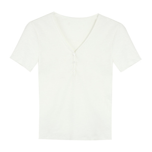 pusumede 【现货6.5折】白色竹节棉V领短袖T恤女夏季短款上衣