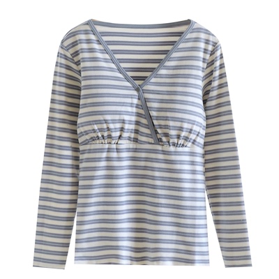 纯棉V领带胸垫长袖孕妇哺乳衣