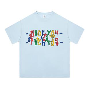 美式创意花体英文字母重磅纯棉短袖T恤女夏季宽松半袖情侣上衣男