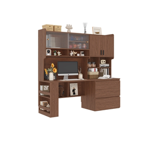 定制实木书柜书桌书架一体胡桃木卧室家用靠墙橡木学习写字电脑桌