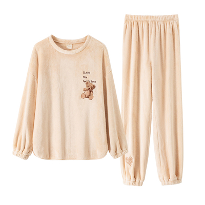 甜美小熊刺绣珊瑚绒情侣款睡衣
