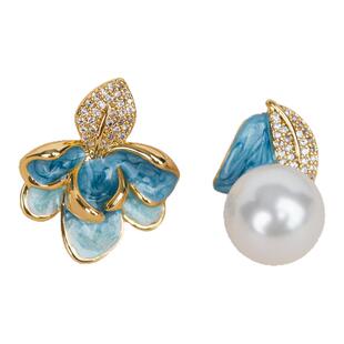 楼兰博物馆滴釉珐琅不对称珍珠耳钉S925银针复古轻奢气质感耳饰