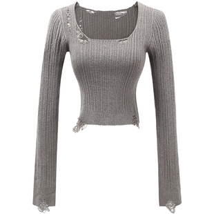 Liuu嘻嘻阿/废土部落/修身显瘦破坏风毛织打底短上衣女秋冬针织衫