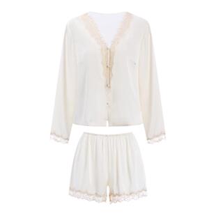 今夕何夕性感睡衣女夏季蕾丝法式长袖真丝睡裙套装家居服春秋款