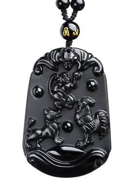 黑曜石申酉戌三会牌猴鸡狗吊坠