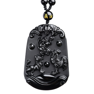 黑曜石申酉戌三会牌猴鸡狗三会局吊坠金局十二生肖项链男士女挂件