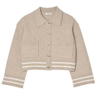 SANDRO秋冬女装法式时尚美拉德甜美绵羊毛米黄色条纹撞色针织开衫