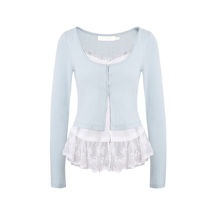 王楚然同款 Kroche  蕾丝花边拼接 撞色U领假两件开衫上衣