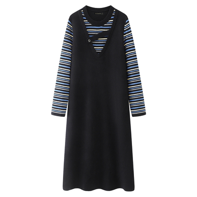 拉夏贝尔/La Chapelle条纹假两件针织连衣裙女冬季新款显瘦长裙