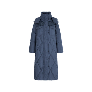 MARYLING玛俪琳冬季新品深蓝色长款连帽羽绒服A1EHW98080