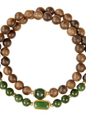 天然老料奇楠沉香和田碧玉手串