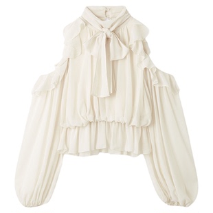 SNIDEL2025秋冬新品甜美荷叶边露肩压褶蝴蝶结系带衬衫SWFB255028