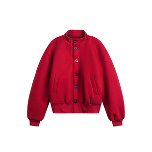 NOEARS复古风红色立领仿呢料短款宽松夹克冬季落肩袖保暖厚款外套