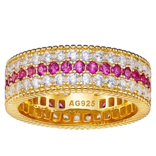 满钻排戒|红宝石红刚玉间色三排钻戒指女925银镀金重工时尚高级感