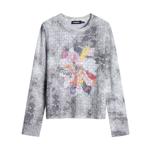 Desigual26秋冬新品蕾丝做旧晕染花卉印花长袖T恤