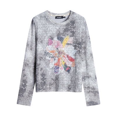 Desigual26秋冬新品蕾丝做旧晕染花卉印花长袖T恤