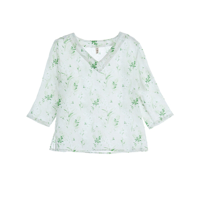 旅行苎麻印花清新小上衣V领文艺