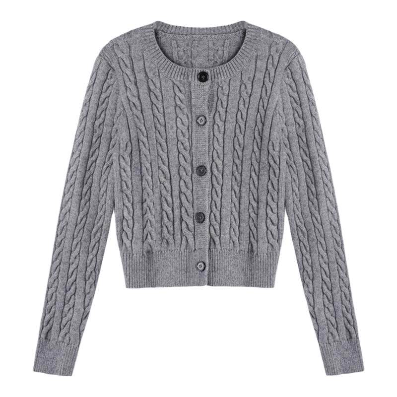 MULVAN 灰色圆领麻花毛衣开衫女冬季短款修身内搭针织衫上衣