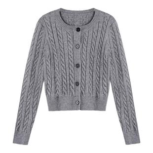 MULVAN 灰色圆领麻花毛衣开衫女冬季短款修身内搭针织衫上衣