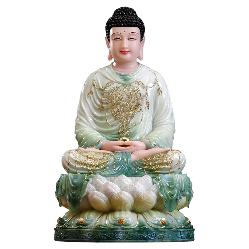 汉白玉翡翠绿娑婆三圣客厅摆件