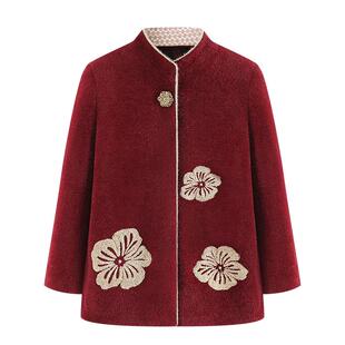 中老年人奶奶外套女妈妈冬装加绒加厚水貂绒上衣老人毛呢衣服红色