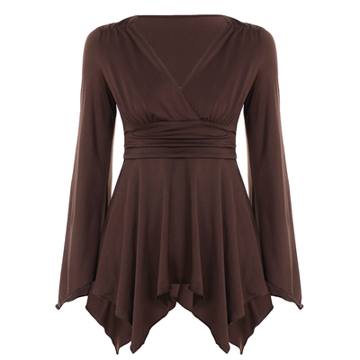 IAEY欧美INS简约复古棕色V领长袖T恤秋冬褶皱收腰不规则下摆上衣