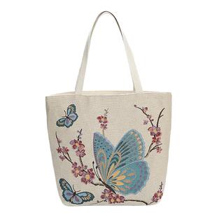 买一送一粗布麻绳粗纹袋双面绣花蝴蝶图案百搭潮流帆布单肩包手提