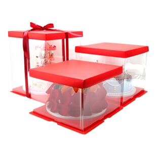 生日蛋糕盒方形8/10/14大尺寸结婚喜庆大红色透明花馍祝寿包装盒