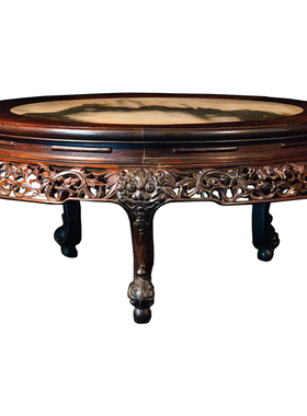 清代红木镶云石透雕花卉纹圆炕桌