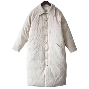 休闲文艺加长加厚棉麻鹅绒服 简约宽松羽绒服2024冬新