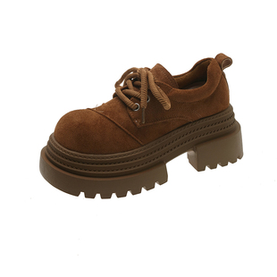 实拍现货英伦风磨砂系带乐福鞋女厚底圆头休闲鞋棕色百搭小皮鞋