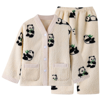 2025新款儿童秋冬加厚保暖米粒绒睡衣套韩版奶芙芙熊猫女童家居服