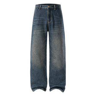 马切达冬季经典蓝水洗牛仔裤美式复古男款长裤加绒直筒保暖男裤潮