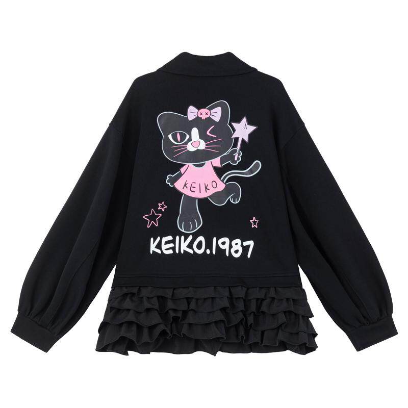 KEIKOy2k甜酷黑色花边拉链卫衣