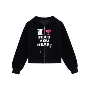 荒荒家英文爱心拉链连帽卫衣2025秋冬新款宽松设计休闲抽绳上衣女