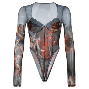 WEEKEEP 希腊风印花晕染网纱连体衣女设计感收腰低领性感辣妹上衣