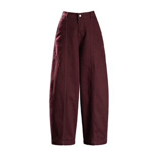 美式复古酒红色牛仔裤女2025新款小个子九分裤秋冬加绒气球裤女裤