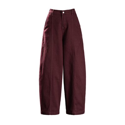 美式酒红色牛仔裤子女加绒气球裤