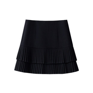 拉夏贝尔黑色毛呢半身裙女2025冬季款好看a字百褶裙短款蛋糕裙子
