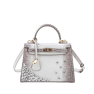 2025新款高级感轻奢镶钻鳄鱼纹手拎凯莉包包小众撞色单肩斜挎包女