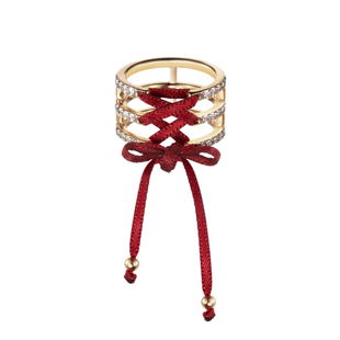 韩版红色丝带开口戒指女学生闺蜜简约满钻指环夸张高级感食指配饰